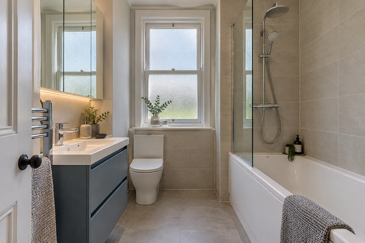 Blue vanity and fitted bath in a compact contemporary bathroom