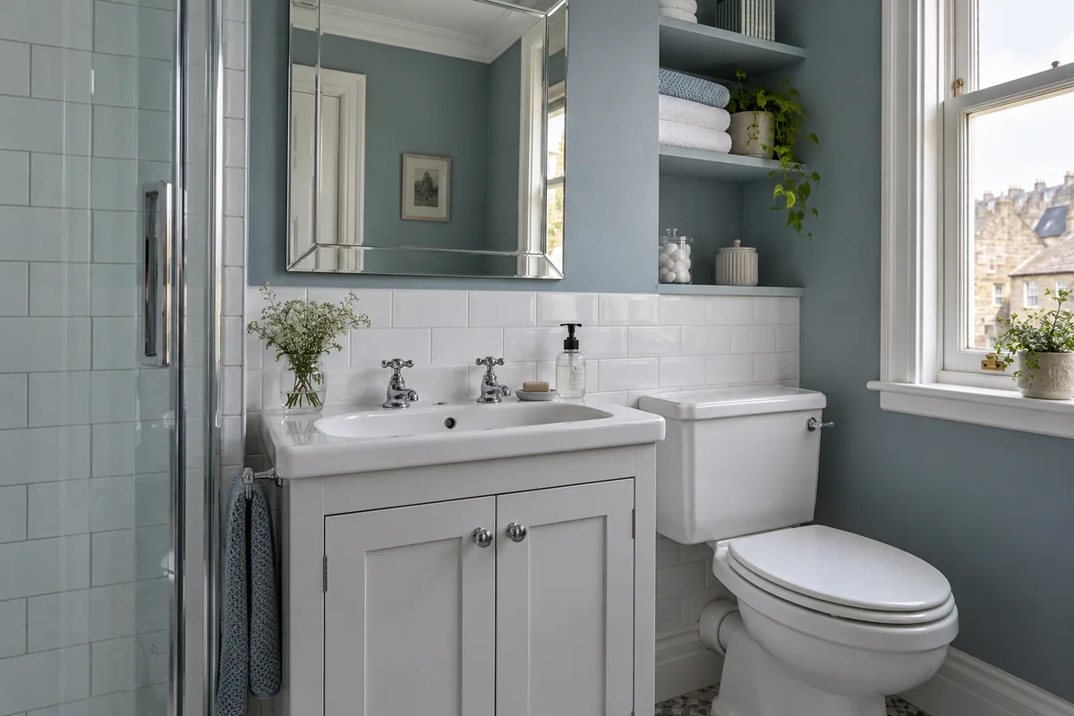 White classic basin cabinet with chrome crosshead taps