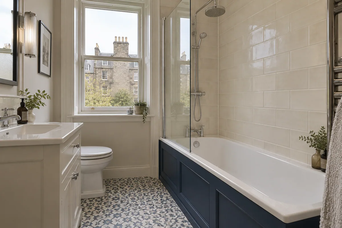 Traditional bathroom with a navy-panelled fitted bath