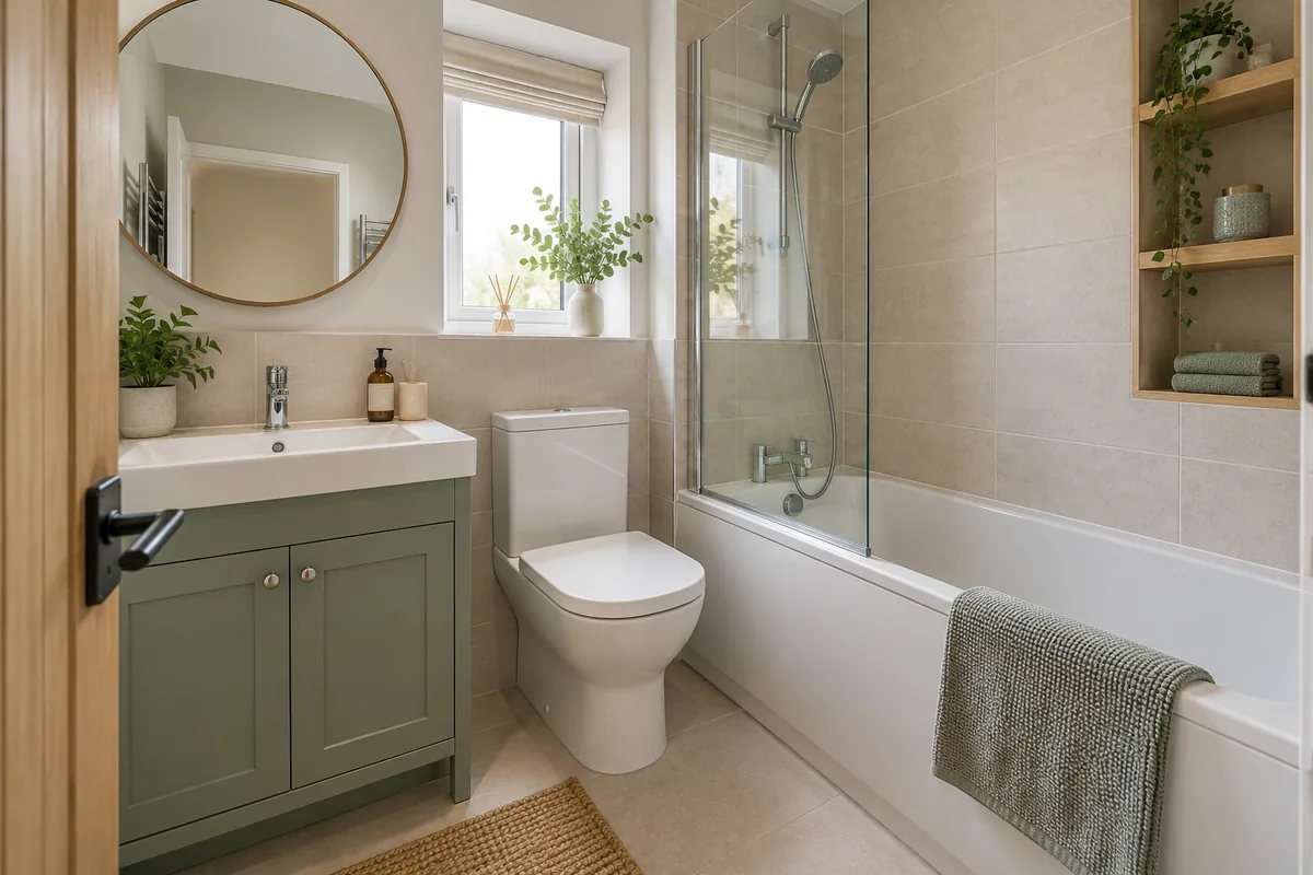 Sage vanity with useful storage in a small fitted bathroom