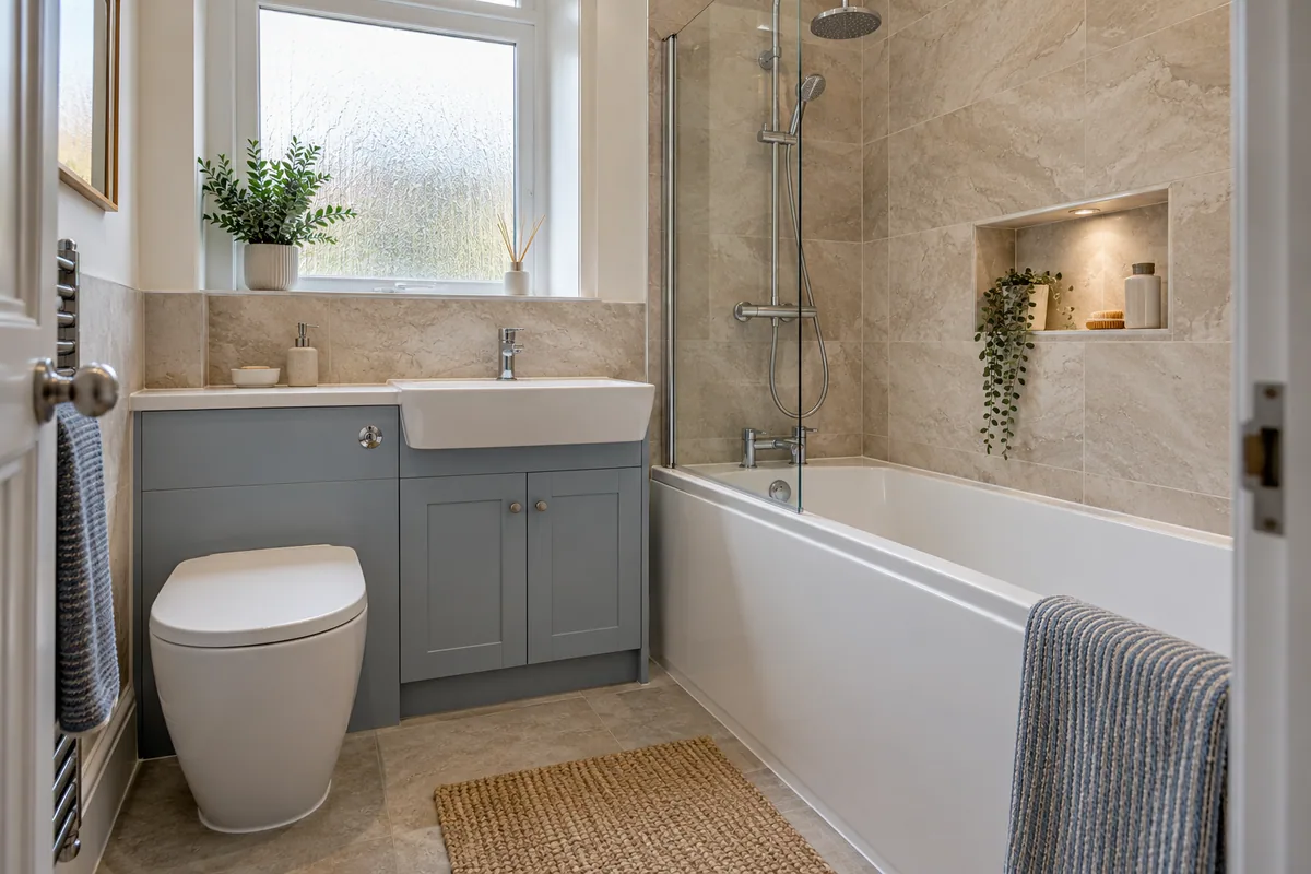 Attainable bathroom with a blue vanity and standard fitted bath