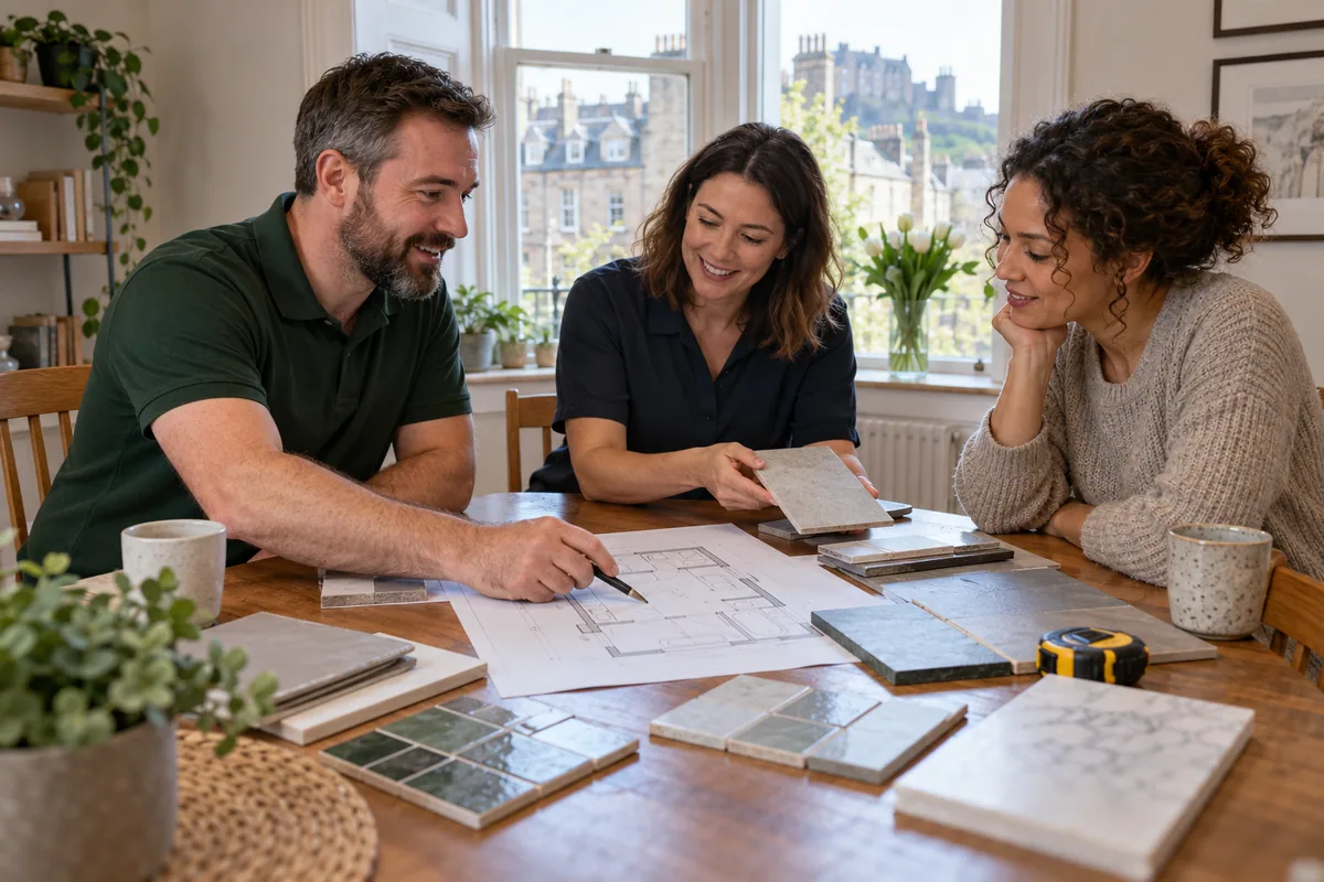 Bathroom plans and tile samples being discussed during a home appointment