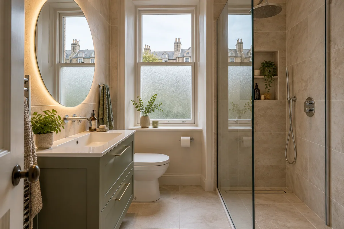 Sage vanity, stone tiles and a glass shower in a compact bathroom