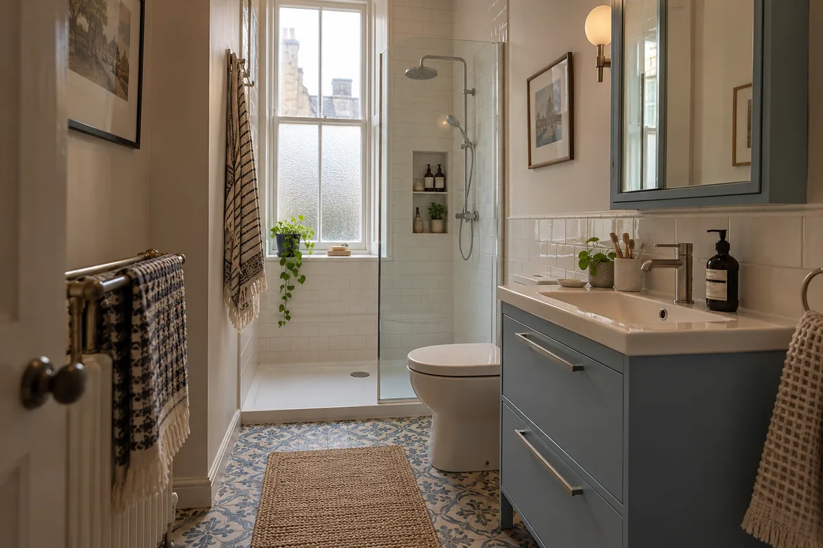 Narrow bathroom with a sash window, fitted bath and slim basin unit