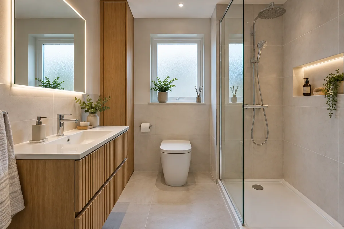 Modern compact bathroom with white tiles and an oak vanity