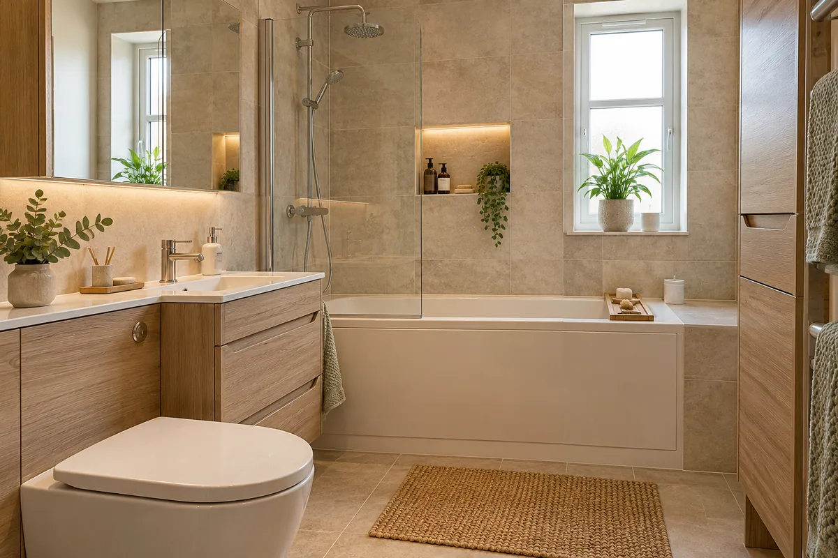 Warm natural bathroom with wood-effect furniture and stone colours