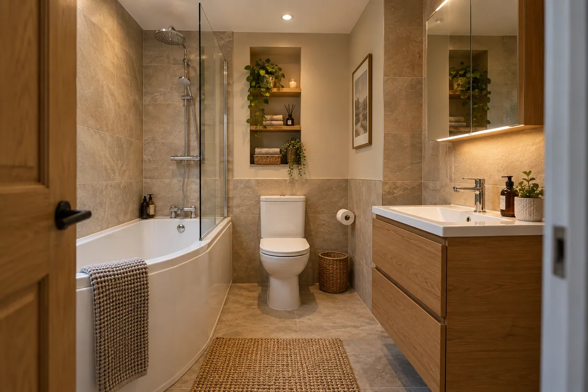 Coordinated fitted bath, basin furniture, shower and toilet in a compact bathroom