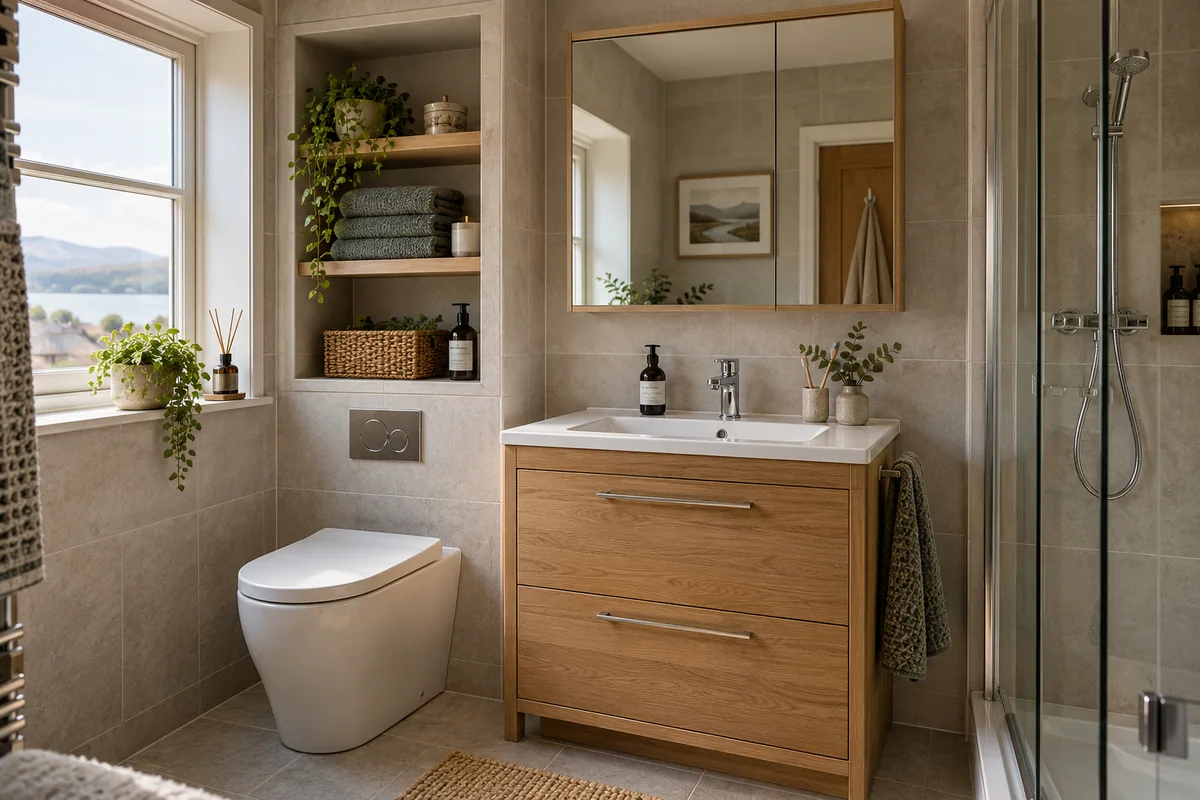 Oak vanity drawers, a mirror cabinet and recessed bathroom shelving
