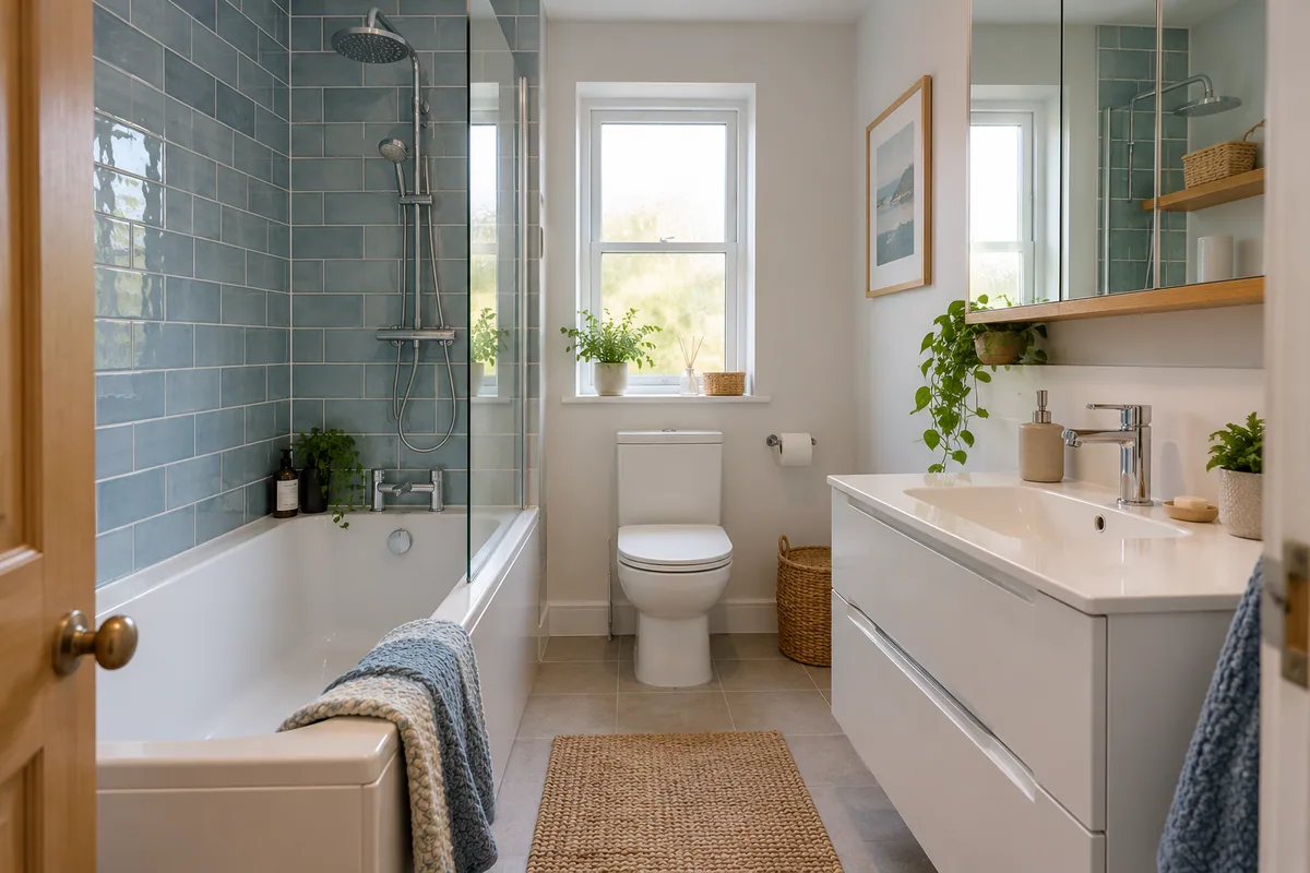 Fitted bath with a shower screen and blue wall tiles