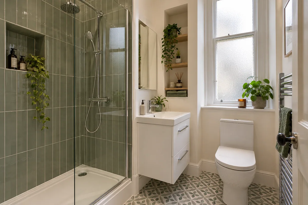 Green tiled shower with a compact basin unit