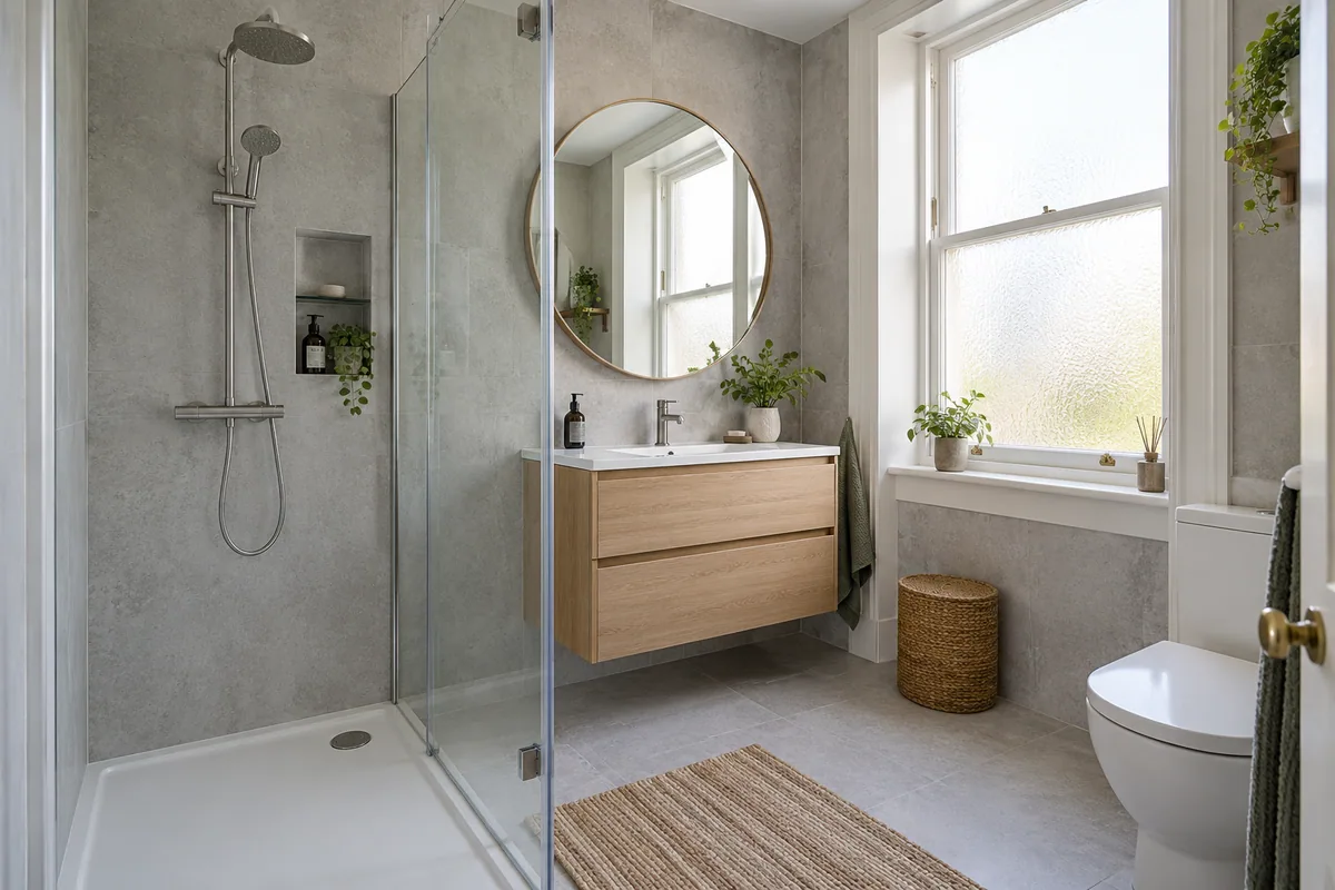 Oak vanity and glass shower in a compact grey bathroom