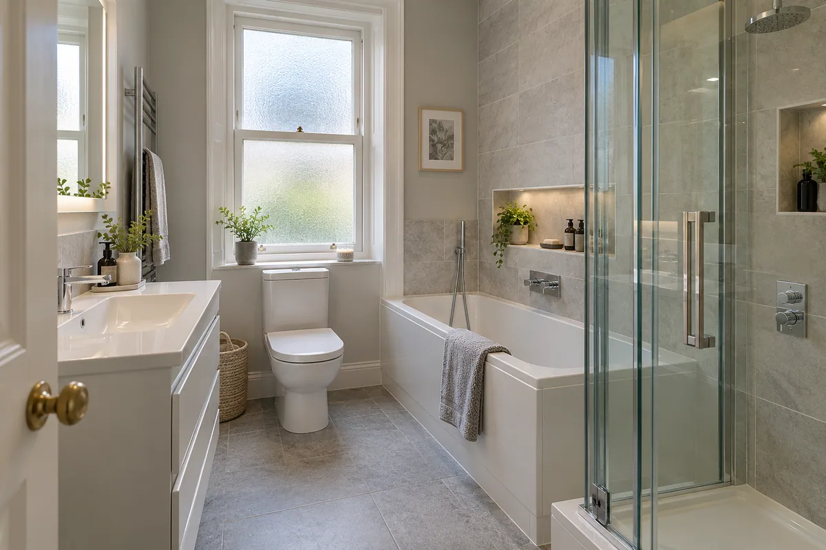 Compact fitted bathroom with a practical bath, glass shower and vanity