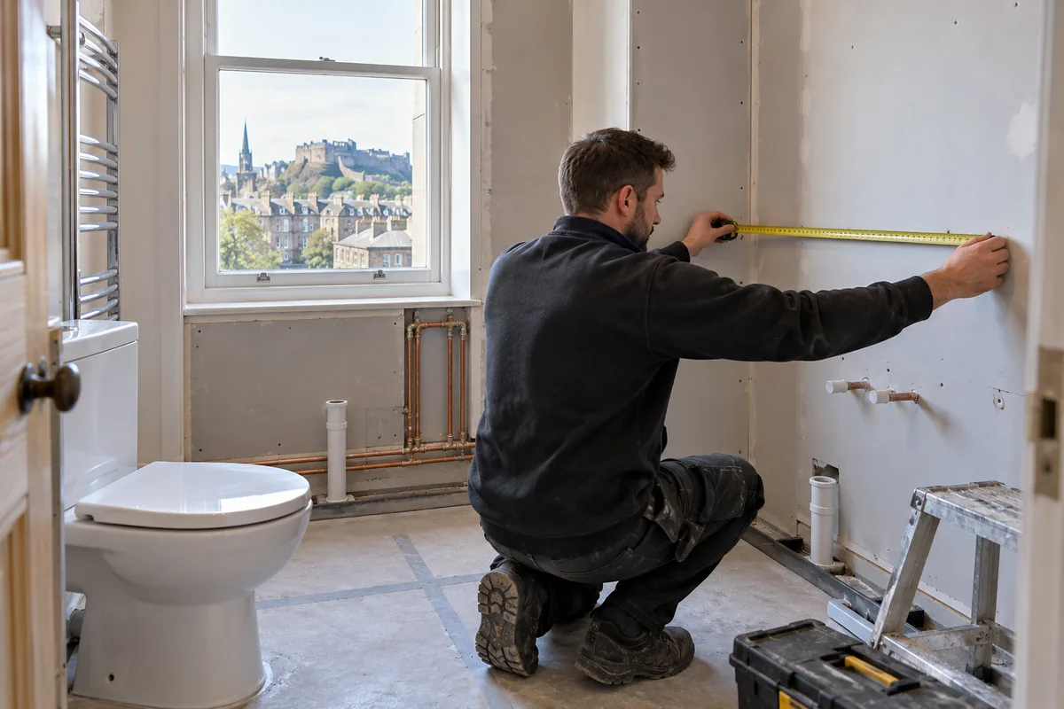 Bathroom fitter measuring a compact room before installation