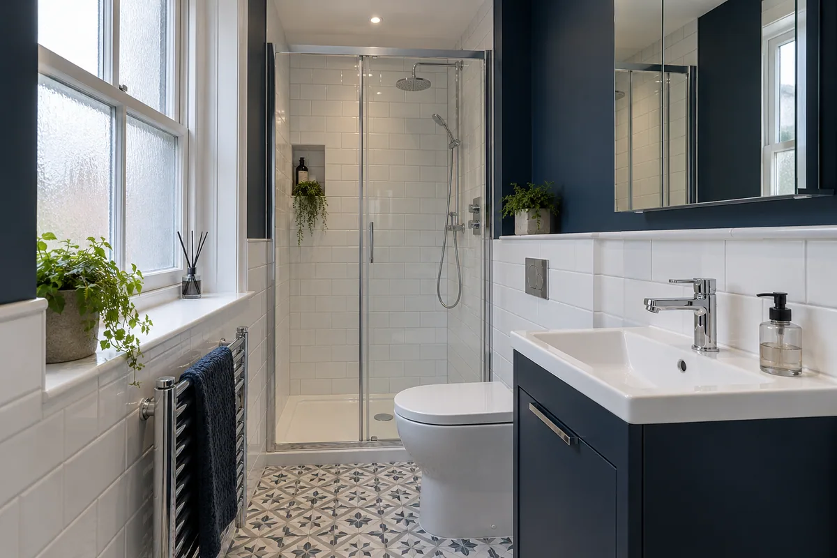 Compact modern bathroom with a navy vanity and glass shower