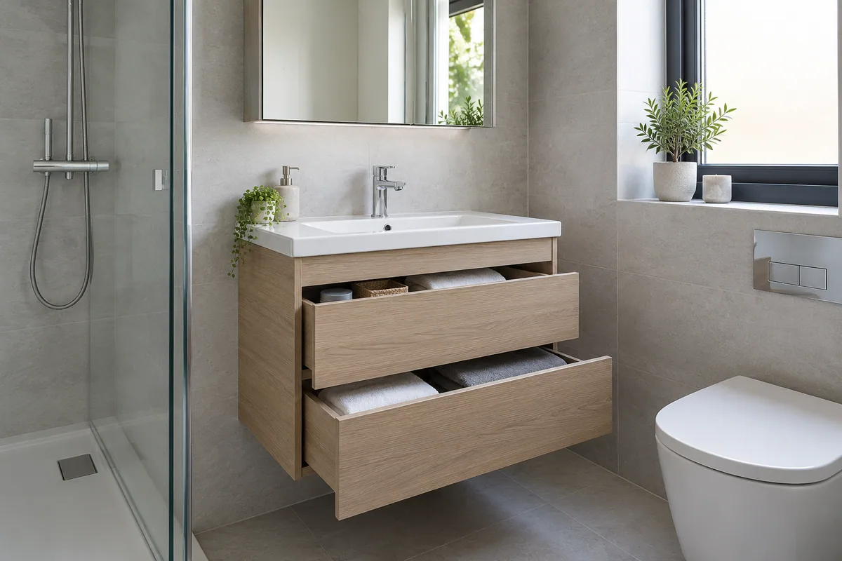 Modern oak vanity drawers and mirror storage beside the basin