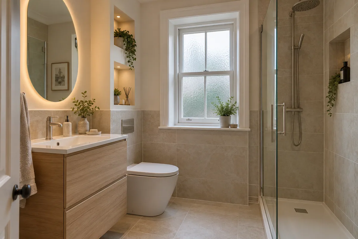 Warm compact bathroom with sand tiles and oak-effect vanity