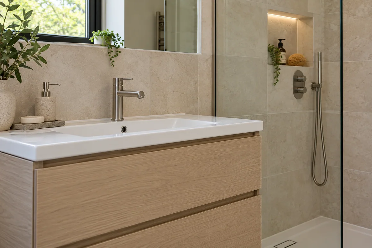 Oak-effect vanity, warm stone-effect tiles and recessed shower shelf