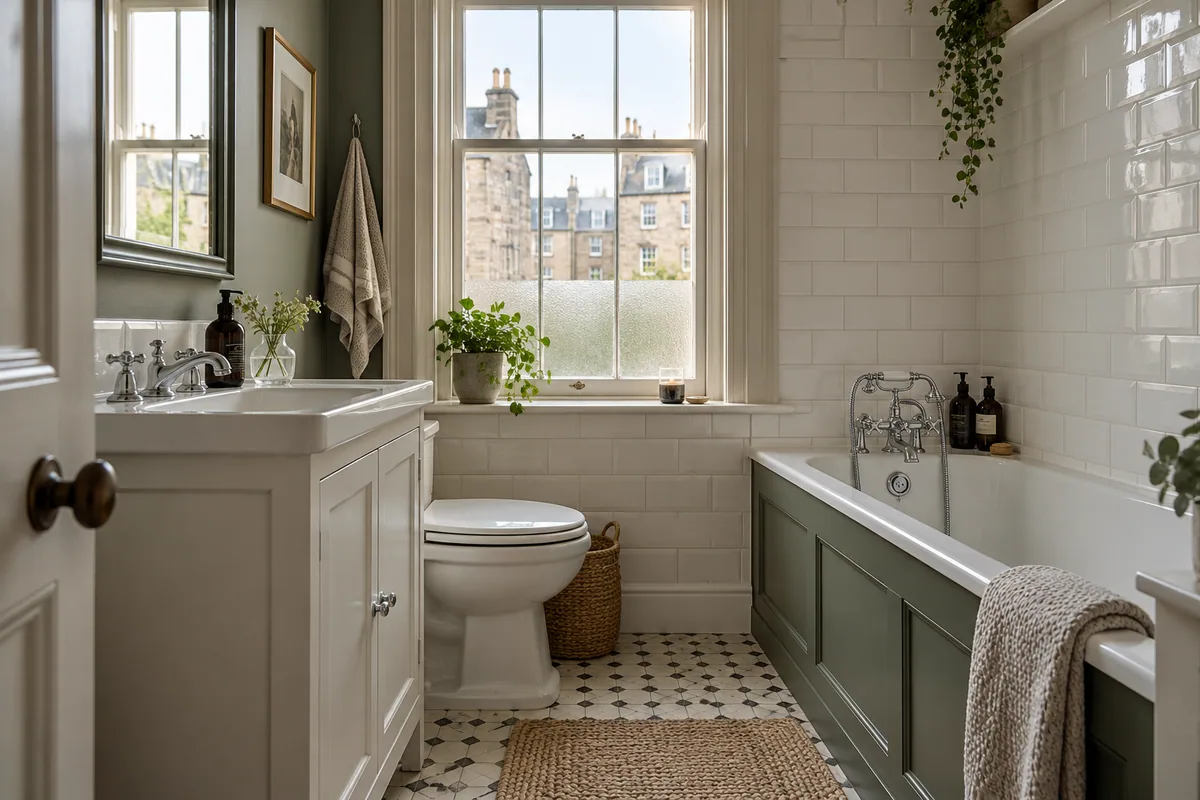Classic fitted bath with a sage panel and white basin furniture