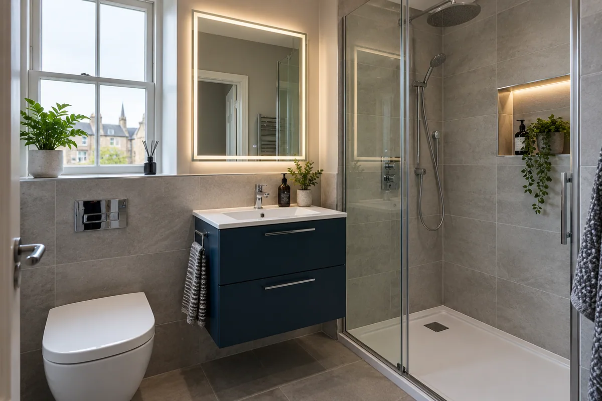 Navy vanity with chrome fittings in a modern bathroom