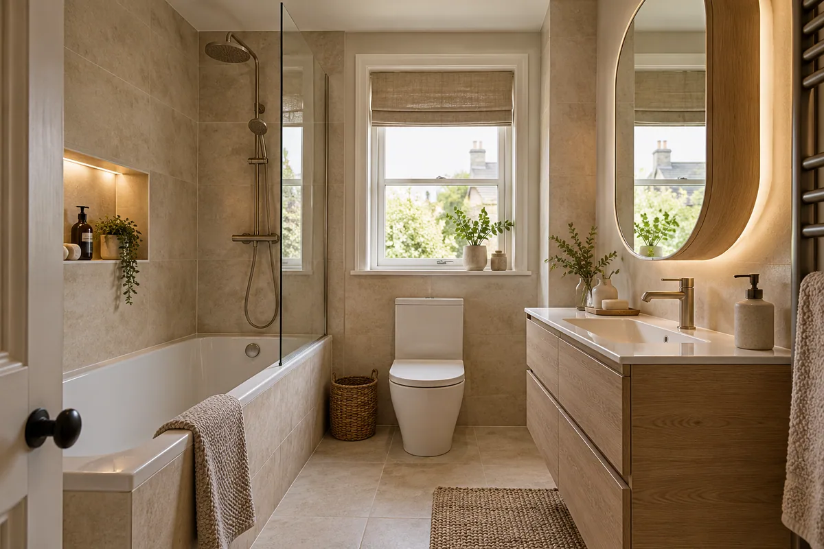 Sand-coloured tiles and oak-effect furniture in a warm bathroom